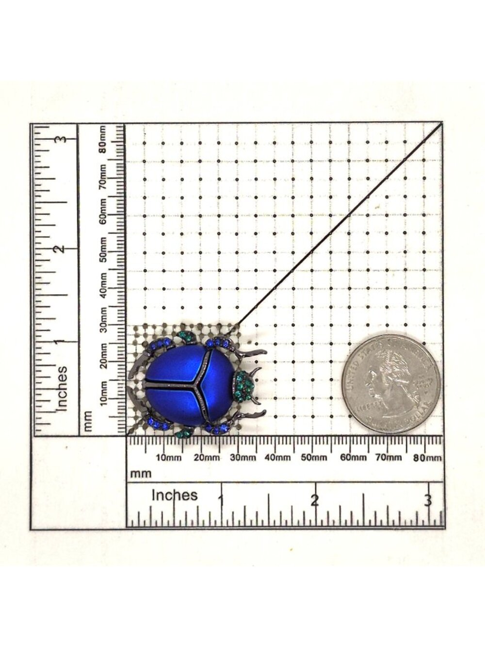 Vintage Vibes Blue Beetle Brooch Scarab Pin Emerald Rhinestone Silver Tone 1.5" - Picture 5 of 5